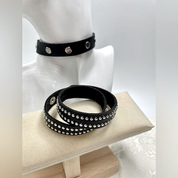 Black Leather 2-piece l Silver-studded l Buckle Choker & Wristband Wrap l New - Picture 9 of 11